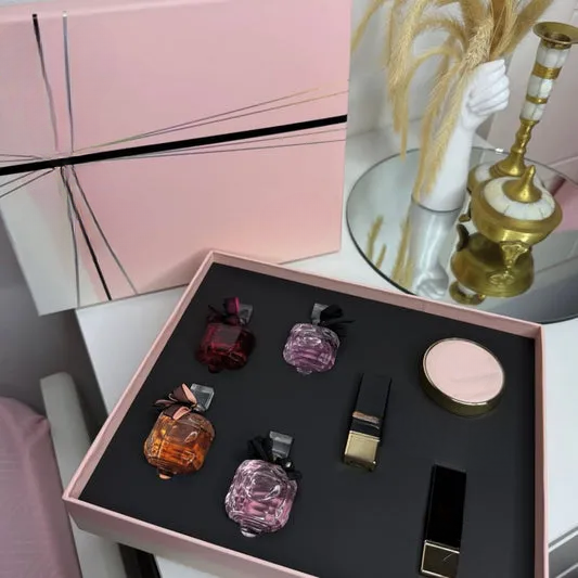 Decorative empty glass bottles in pink box, home decor accents with elegant design