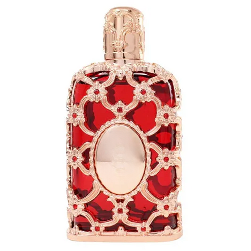 Decorative red glass bottle with gold filigree, empty ornate vase for home decor