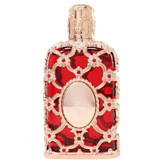 Decorative red glass bottle with gold filigree, empty ornate vase for home decor